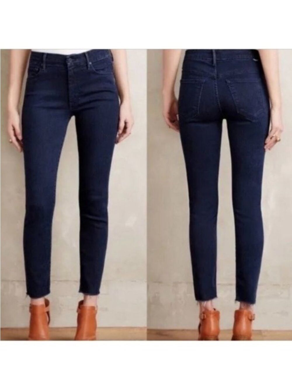 Mother High Waisted Looker Ankle Fray Trouble With Patience Dark Wash Jeans